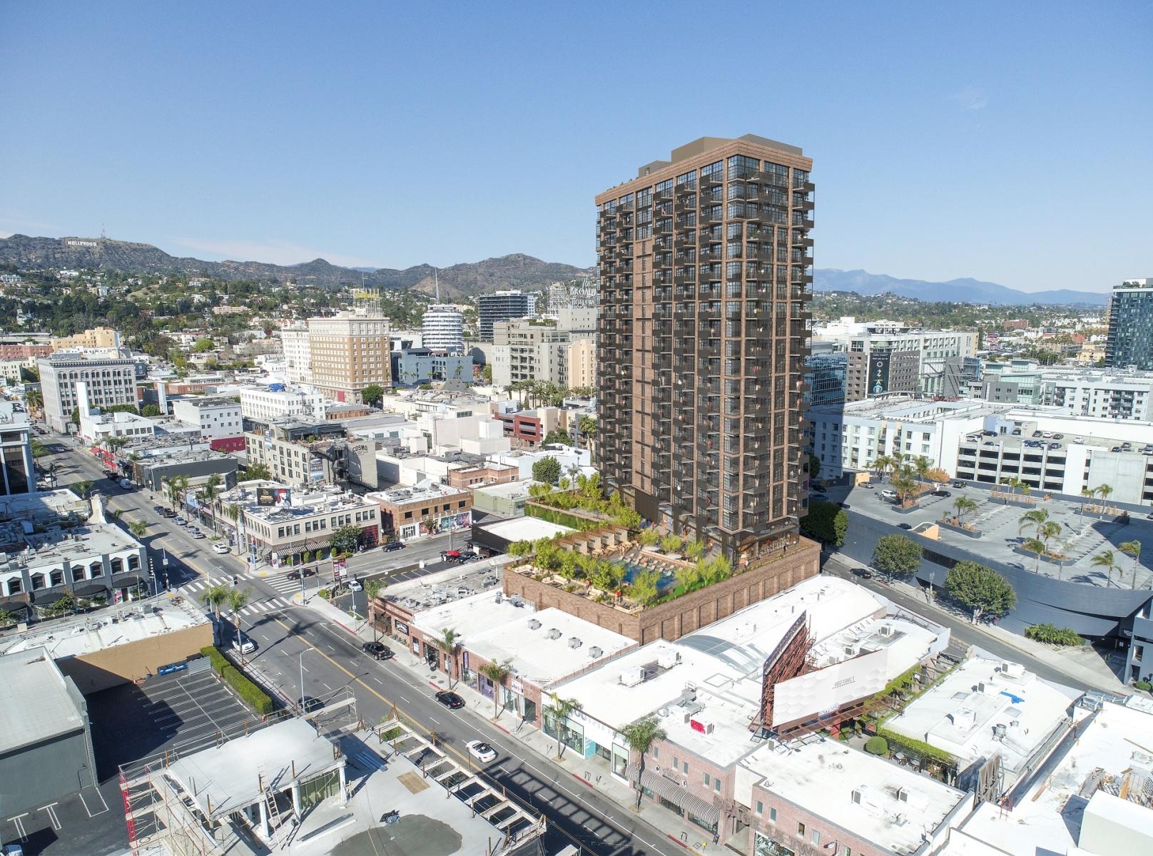 Aerial rendering looking north over Cahuenga Boulevard, with the approved Artisan Hollywood tower one block south of 1602 N Cahuenga