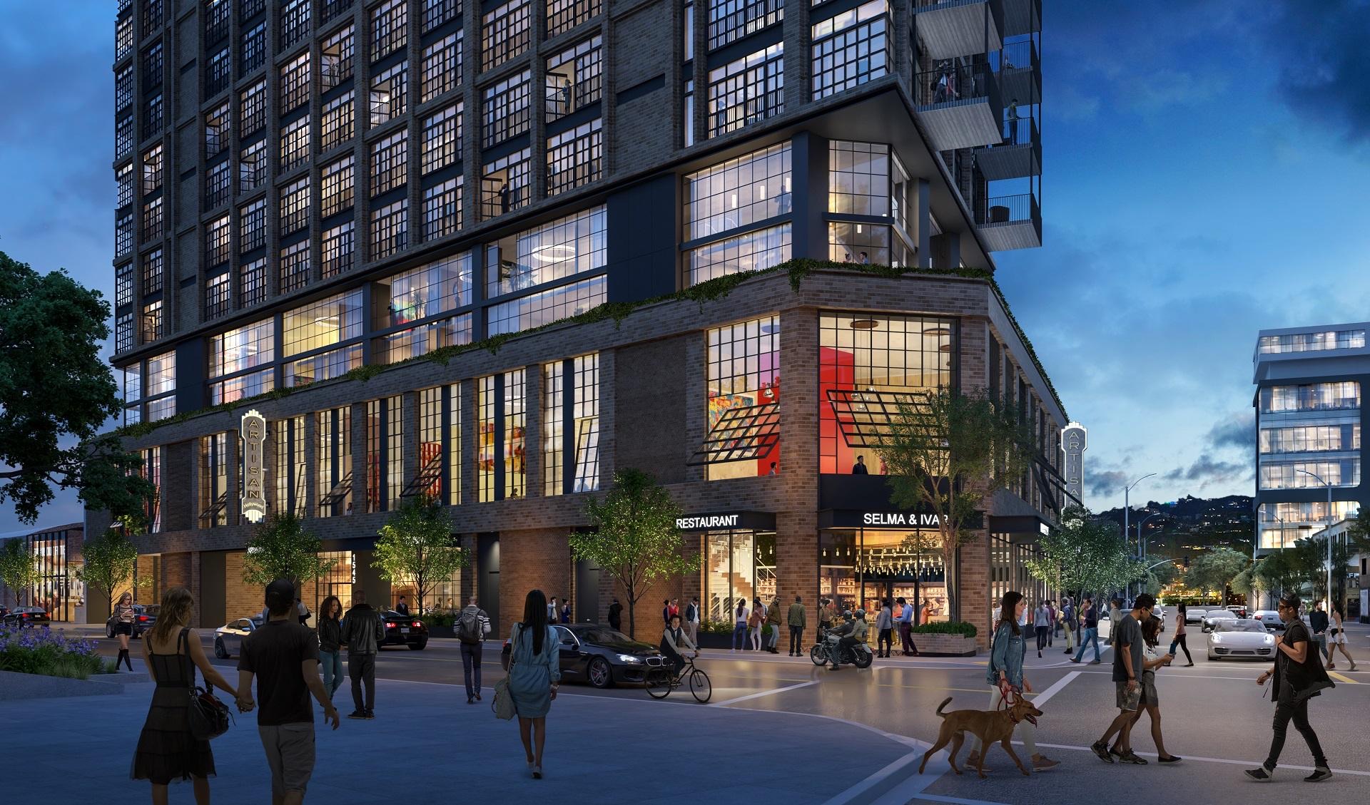 Street-level rendering of the approved Artisan Hollywood tower and commercial frontage at Selma Avenue and Ivar Avenue