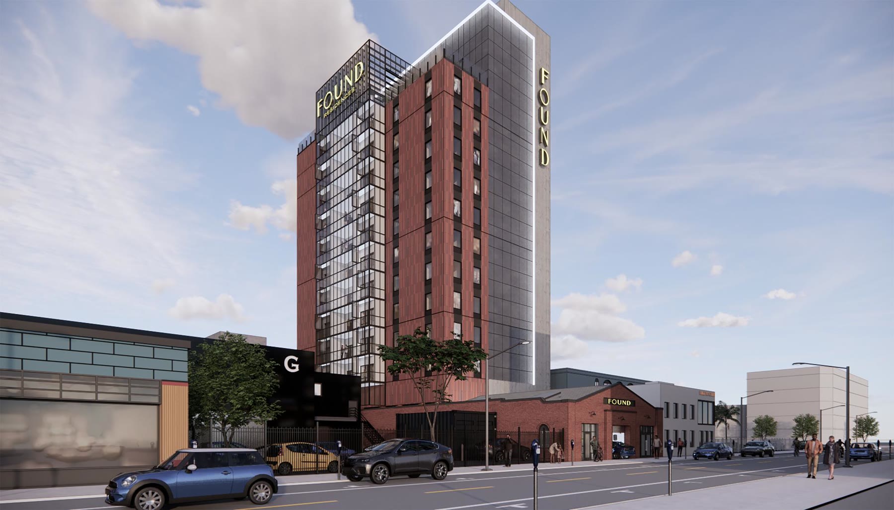 Street-level rendering of the entitled Found Residences building on Selma Avenue, with the brick Concept Arts frontage retained at ground level and the tower rising behind it