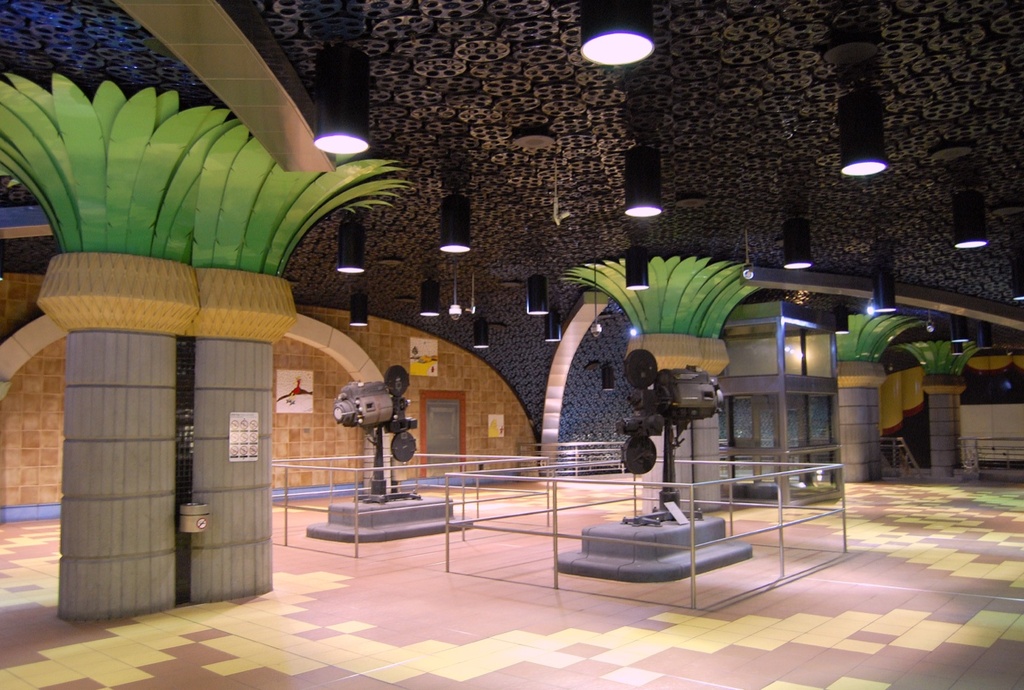 Art-deco interior of Hollywood and Vine Metro station with movie-camera sculptures