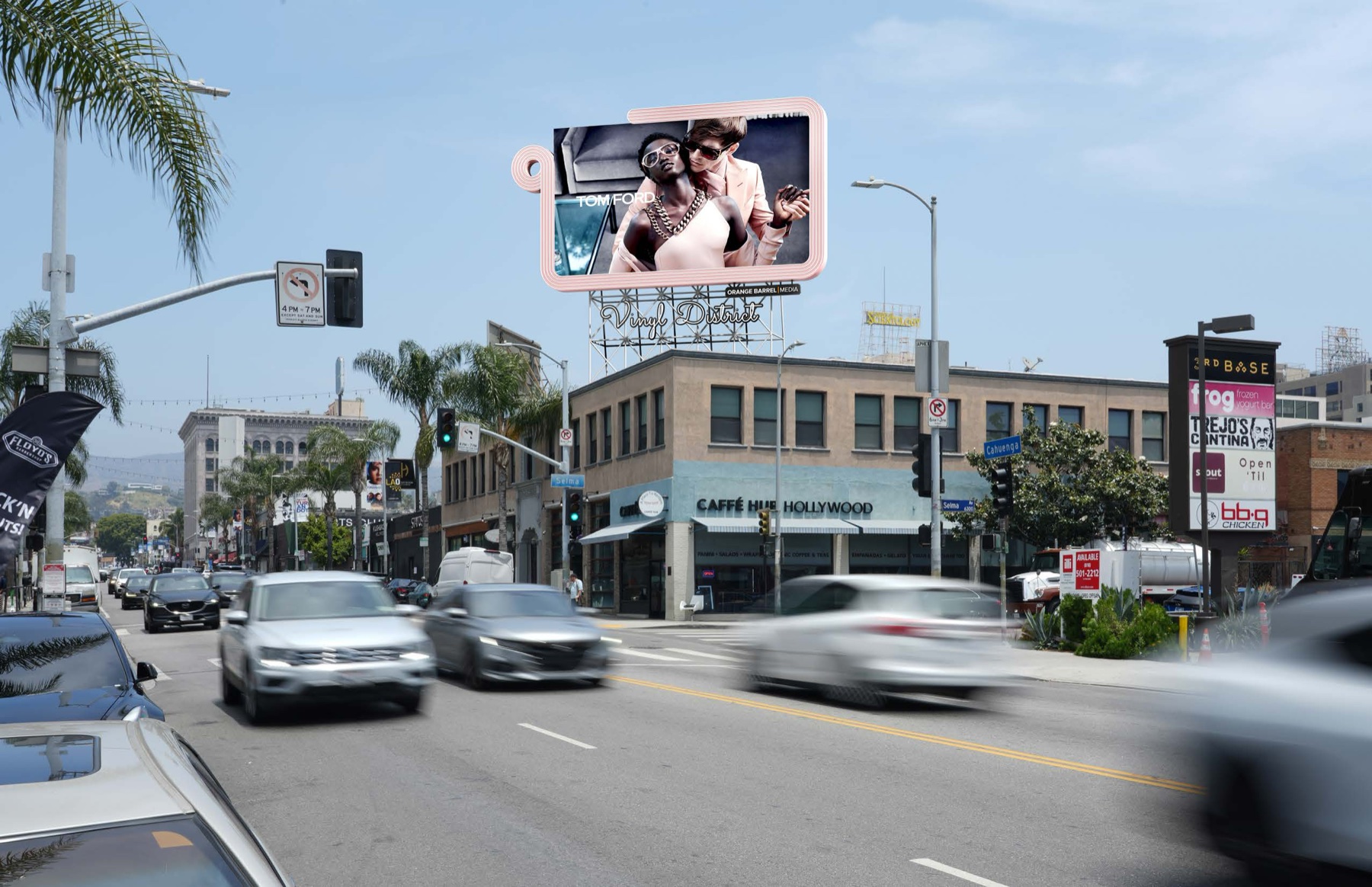 Proposed condition: a digital display with Vinyl District identity above the corner, viewed northbound on Cahuenga Boulevard.